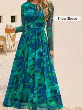Zesika Long Sleeve Maxi Dress in GreenBlue Floral Print, Lined Bodice Size M NWT